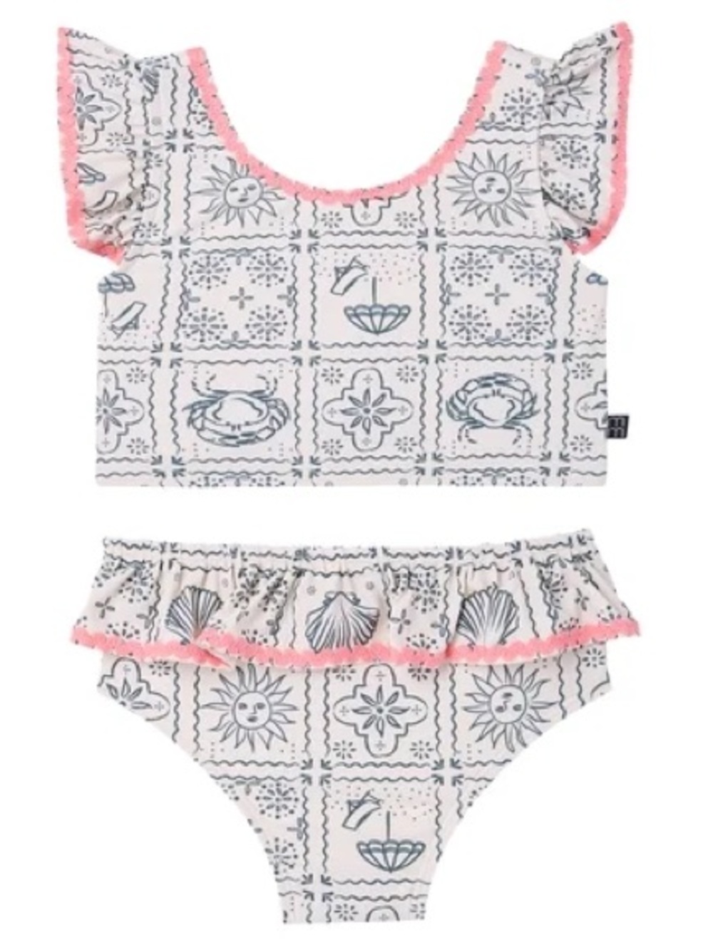 Precious Girls Shell-Print Ruffle Bikini Set in Cream Green and Pink • Size 2T